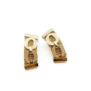 Vintage Mesh Earrings With Chain Link Overlay, Bold Retro Gold Tone Clip On